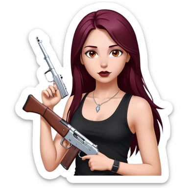 emoji of girl with an ak47 in hand with a black tank top gorgeous girl y2k with maroon dark long hair in a middle part with straight nose hazel eyes medium perfect eye brows with  a nose ring silver on the right nostril  sticker