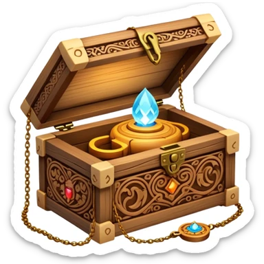 magical wooden box with intricate carvings, glowing softly, holding necklaces inside sticker