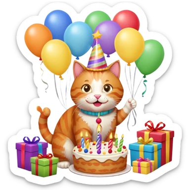 Ginger cat celebrates birthday, birthday hat, birthday cake, balloons, happy, gifts sticker