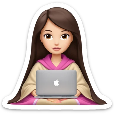 Barbie girl with a long straight dark brown hair inside a beige blanket working macbook  sticker