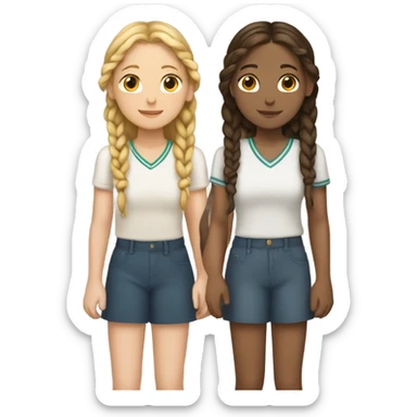 Two girls holding hands one girl has brunette braids one girl has blonde braids  sticker