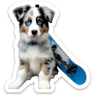 a 5 month old puppy, miniature American shepherd breed, blue merle color, with blue eyes, with a snowboard sticker
