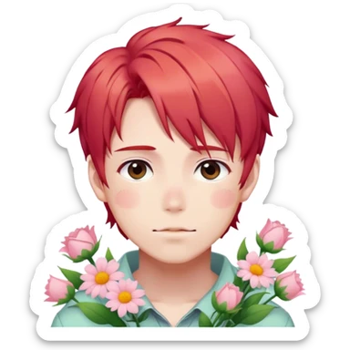 Gorgeous pastel red hair anime style shojo guy with blushing face and flowers aesthetic trending style outside sticker