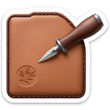 Leatherworking icon, piece of raw leather with started engraving, engraving tool or chisel, stamp or press, textured surface, minimalistic style, clean lines, transparent background. sticker