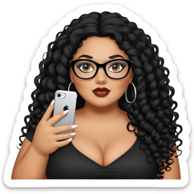 big plus size, latina, darker tan skin, long black curly hair, baddie,pretty, makeup, lipgloss, black eyeliner, long hair, black top, black glasses sticker