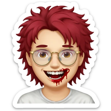 Cabelo bagunçado com oculos sorrindo com metade do rosto com dente de ouro e saindo sangue da boca  sticker