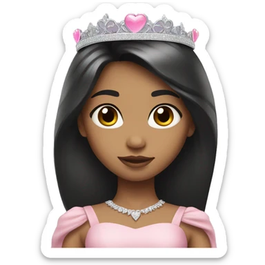 Princess with halo with medium skin tone with long black hair with bang with silver pink heart tiara and pink dress sticker