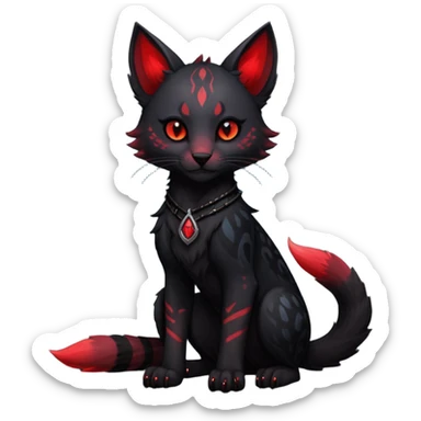Cute kawaii cool edgy badass  dark obsidian-black fur with crimson glowing runic markings fantasy-caracal-civet-genet-sergal-vernid-Gryphon-Cacomistle-Trico-oncilla-animal-Fakémon-hybrid-fursona (full body), facial markings, (realism style) sticker