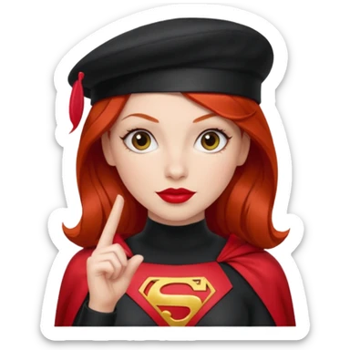 Uma ruiva feliz com batom vermelho com roupa vermelha tipo heroína, com uma boina preta, e uma cara mais “seria” fazendo pose com a mão. sticker