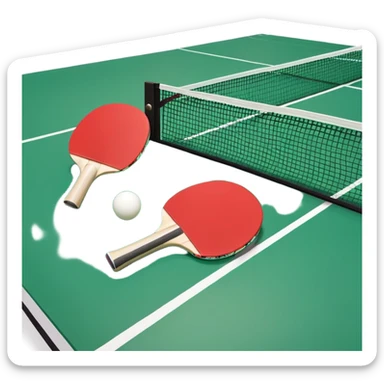 Two table tennis paddles and a ball placed on a ping pong table, with the net in the background. The scene conveys the simplicity and focus of the sport, with vibrant colors highlighting the rackets and ball on the smooth surface of the table. sticker