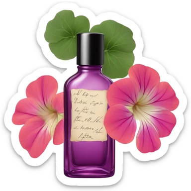 Aesthetic display of blush violet nasturtiums, an elegant deep pink perfume bottle, and a vintage love violet letter written in flowing script. sticker
