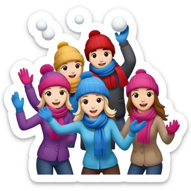 a group of friends having a snowball fight, winter hats and scarves, playful sticker