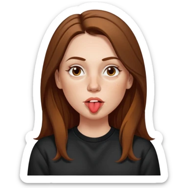 A 38 year old white woman with long brunette hair parted in the middle. She has her nose pierced. Her nose is medium sized. She has brown eyes. She has freckles and is wearing a black sweatshirt and is making a kissing mouth. sticker
