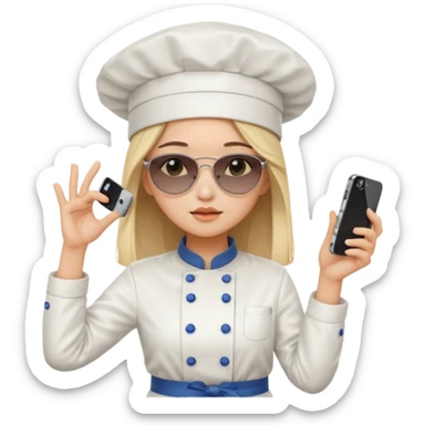 [b"A sad wooman with loight skin,k straight  hair, weawring a chehf hat andi sunglassels, dressee in K-pop  fashion, his dancino while hollding a phdone."] sticker