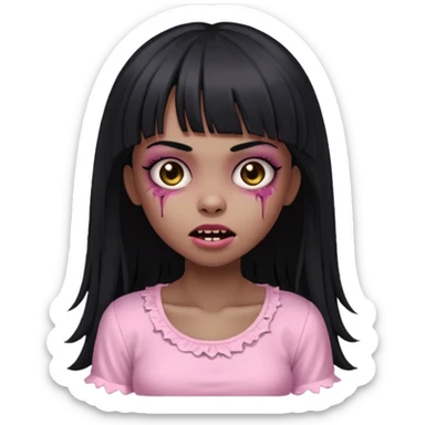 light-skinned black zombie girl with long black hair and bangs, wearing a light pink blouse, cute wink sticker