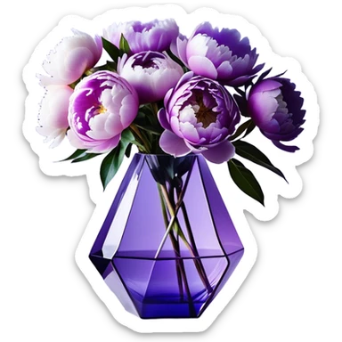 "An artistic composition of peonies in dreamy shades of light violet, lavender, and periwinkle, placed in a geometric glass vase with a glowing purple tint. The flowers have softly abstracted, fluid shapes, with petals that appear to merge and drift like ink in water. A translucent, ribbon-like strand of soft lilac wraps around the vase, floating weightlessly as if suspended in motion."
 sticker
