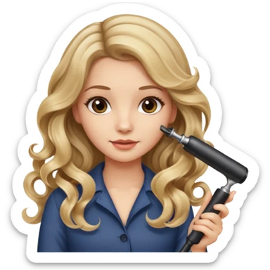 pretty girl with long wavy dirty blonde hair holding a hair styling hot curling tool, curling her hair  sticker