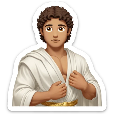 Cinematic Realistic Hercules Portrait, depicted as a classical Greek hero inspired by the Disney version yet echoing the refined proportions and serene dignity of Michelangelo's David. His idealized, sun-kissed tan skin glows with timeless strength, and his thick, curly wavy dark brownhair falls in natural, sculpted curls. Draped in a flowing white robe with delicate golden accents, his expressive eyes radiate determined nobility, all rendered under dynamic natural lighting with a mythic, radiant glow. sticker