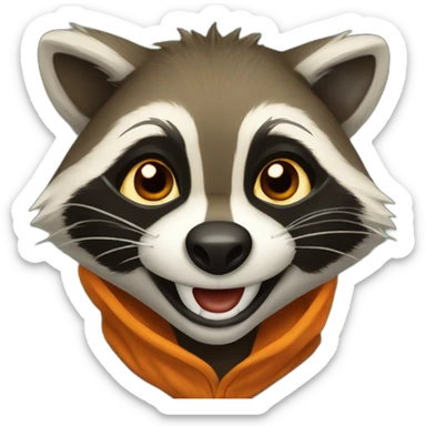brown raccoon with orange eyes and a dark green hood that is laughing sticker