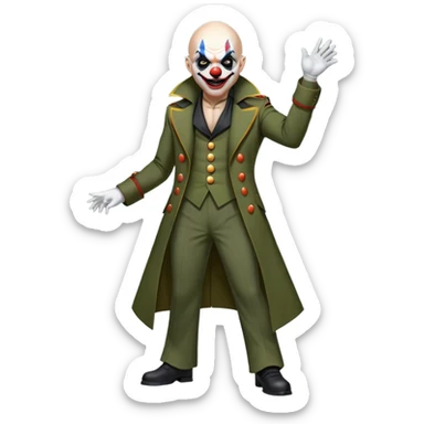 evil clown, bald, small black horns on forehead, fangs, pointed ears, eye patch over one eye, long coat over black and military green leisure suit with bellbottom pants, tail, realistically proportioned, less bulky, full body, battle-ready, fighting posture sticker