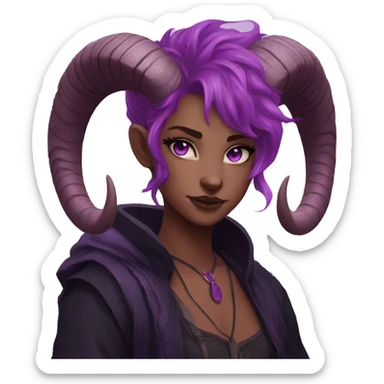 tiefling purple skin freckles  purple eyes black ram horns pink hair sticker