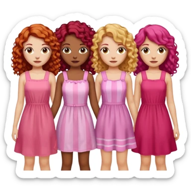 5 girls  curly redhead, one with brunette dyed blonde hair, one long haired wavy brunette, one mid-length haired brunette, and one black haired girl with partially dyed bright red/pink hair sticker