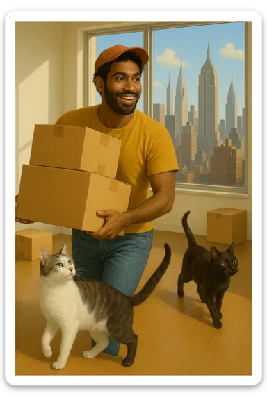 Edit the image to have one cat white and gray, the other cat dark brown and black. The man should have medium length curly hair and be wearing a cap. Keep the NYC apartment moving scene and overall style consistent. sticker