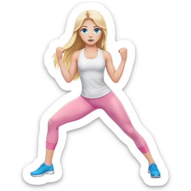 A cinematically realistic blonde with long hair and blue eyes, dressed in a white top and pink leggings, does a sports exercise called lunges sticker