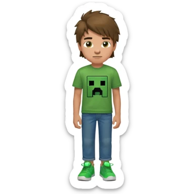 A 14 yerar old teenage boy, slightly tanned, wearing a green minecrcaft tshirt, blue jeans and green sneakers with brown tousled hair, smirking sticker