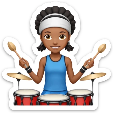 A black girl drummer with a sporty headband and clothes, tapping her drum rhythmically with a grin. sticker