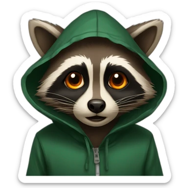 brown raccoon with orange eyes and a dark green hood that is crying sticker