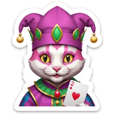 court jester cat medieval, single poker card joker clearly visible, pink, face only, round badge, court jester cap sticker