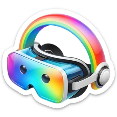 Show a VR headset or AR glasses, symbolizing the immersive hair experience. Include virtual objects or a 3D scene floating in the air in front of rainbow Make the background transparent. sticker