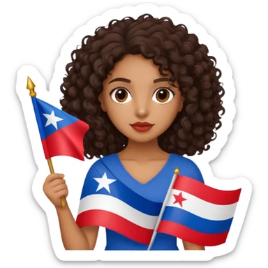 Brown girl with dark curly hair holding a Puerto Rican flag sticker