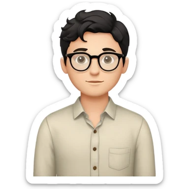 Young caucasian man with black wavy hair, round glasses, torso only, wearing relaxed buttoned-up shirt without a tie sticker