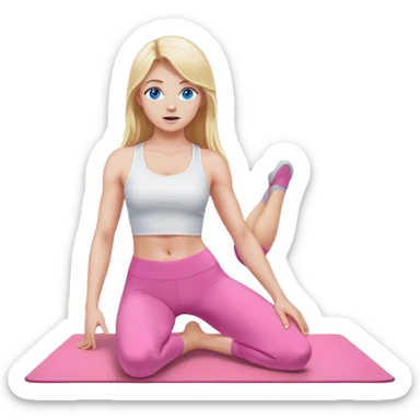 A cinematically realistic blonde with long hair and blue eyes, dressed in a white top and pink leggings, performs a realistic athletic exercise on a mat. sticker