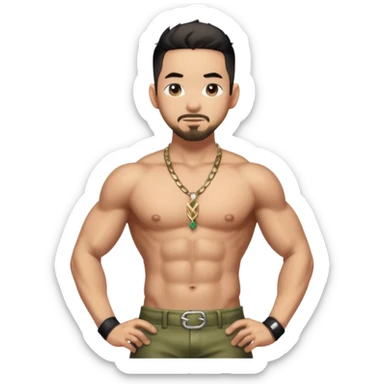 Mike Shinoda with metallic olive pants, shirtless with necklace sticker