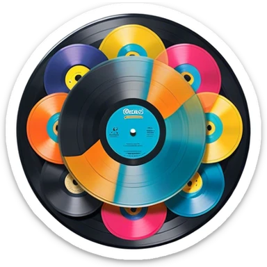 Icon for Vinyl Record Collecting: colorful vinyl records in decorative packaging featuring artist images, neatly arranged on a wall or shelf. The icon should reflect the aesthetic and artistic aspect of collecting vinyl records. Transparent background. sticker