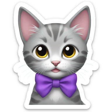 Grey kitten wearing a purple bow sticker
