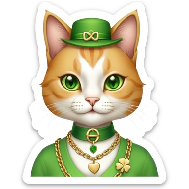 female cat dressed in hip-hop Run DMC style, green outfit, shamrock accessories, gold chains, bling, St. Patrick's Day sticker