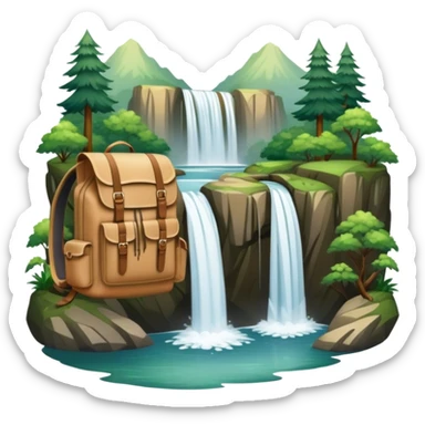 Icon for Ecotourism: lightweight hiking backpack and a scenic landscape with lush green forests, a waterfall, and wildlife, such as birds or animals in background. Transparent background. sticker
