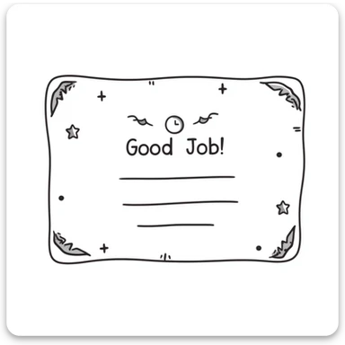 Certificate with decorative border, "Good Job!" text in the center, and stars scattered around the edges sticker