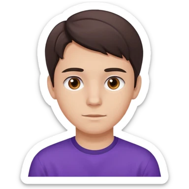 a 17 year old boy with a brunette middle part, brown eyes, fair skin, and a purple shirt  sticker