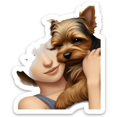 White girl brown hair sleeping with yorkie sticker