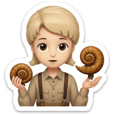 Shelly has a small, chibi-style body with a large ammonite-shaped head that looks like a beige fossil shell. One side of her head has a dark opening, making it clear she isn’t human. Her face is simple and soft, with big round eyes. She wears a brown suspender outfit over a lighter shirt sticker