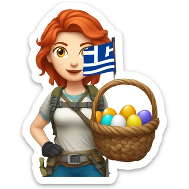 Greek Female winter mountaineer red hair white skin climbing with Greek Flag and Easter eggs basket sticker