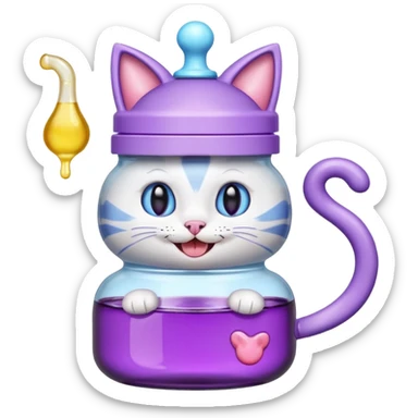 Smiling bottle of oil light purple top and light blue sticking tongue out and with cat ears sticker