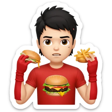 generate a pretty fair bratz boy with a messy mullet (black hair), wearing a red tshirt. eating a burger and fries, big biceps sticker