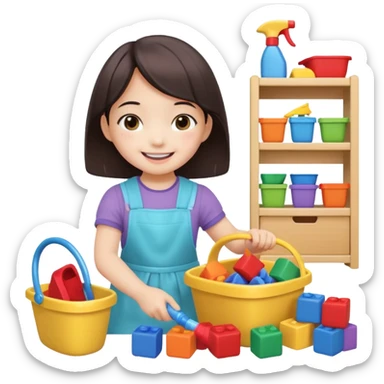 A cute 4-year-old Japanese girl with a big smile, proudly cleaning up her toys by herself in a bright playroom. She is putting colorful blocks and dolls back into baskets, looking happy and accomplished.  sticker