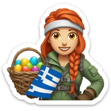 Female winter mountaineer red hair climbing with Greek flag and holding Easter eggs basket sticker